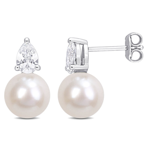 Mimi & Max 8.5-9 mm white freshwater cultured pearl and 1 1/3 ct tgw created white sapphire stud earrings in sterling silver