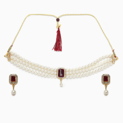 SOHI gold-plated white maroon faux-ruby beaded jewellery set