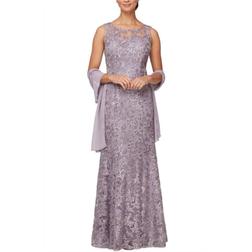 Alex Evenings sleeveless illusion neck embroidered gown in lavender