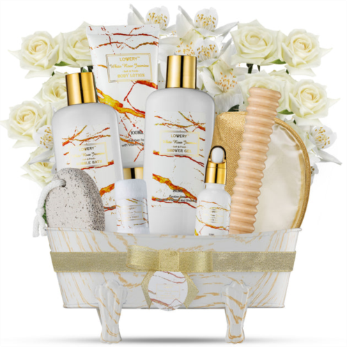 Lovery home spa gift basket, self care gifts, white rose jasmine bath & body gift basket