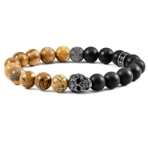 Crucible Jewelry crucible los angeles single gold skull stretch bracelet with 10mm matte black onyx and picture jasper beads