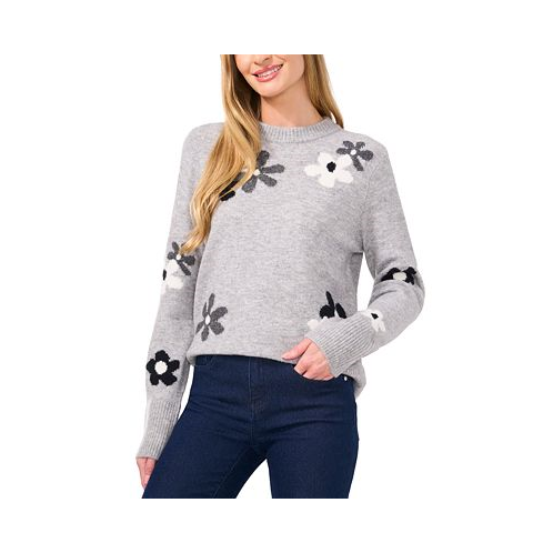 CeCe Womens Flower Patterned Knit Crewneck Sweater