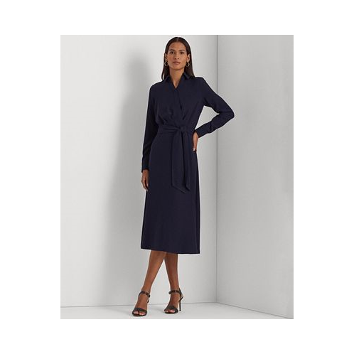 POLO RALPH LAUREN Womens Self-Belt Long-Sleeve Surplice Georgette Midi Dress