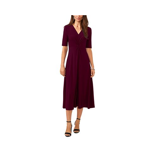 MSK Womens V-Neck Twist-Front Elbow-Sleeve Midi Dress