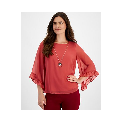 JM Collection Womens Ruffle-Trim 3/4-Sleeve Necklace Top