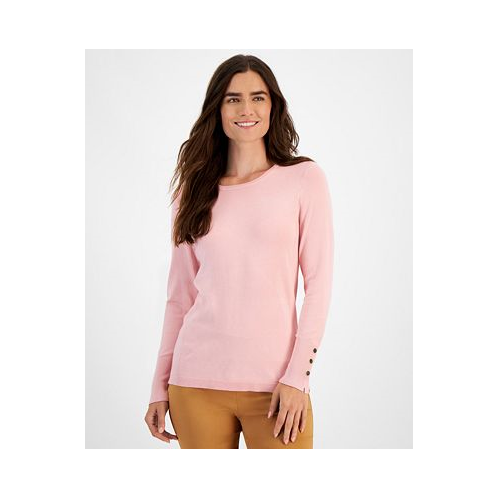 JM Collection Womens Button-Sleeve Crewneck Sweater