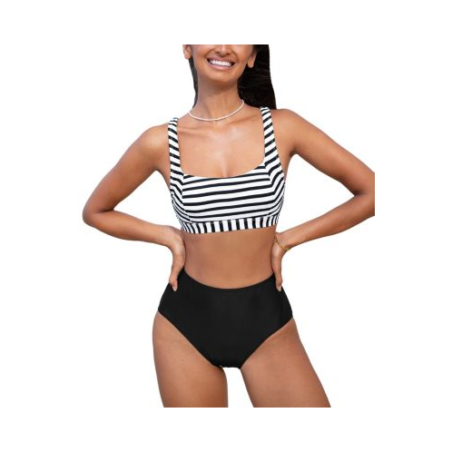 CUPSHE Womens Striped Square Neck Bikini Top & High-Rise Bottoms Set