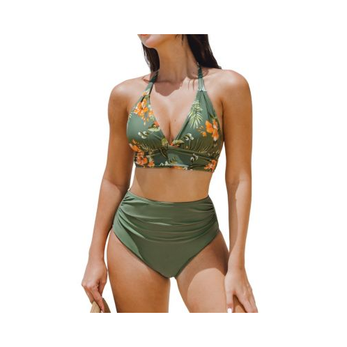 CUPSHE Womens Sage Floral Tie Bikini Top & Shirred Bottoms Set