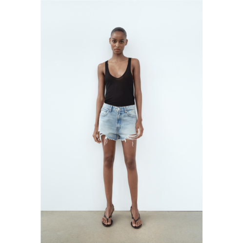 Zara TRF HIGH WAIST RIPPED CURVED DENIM SHORTS