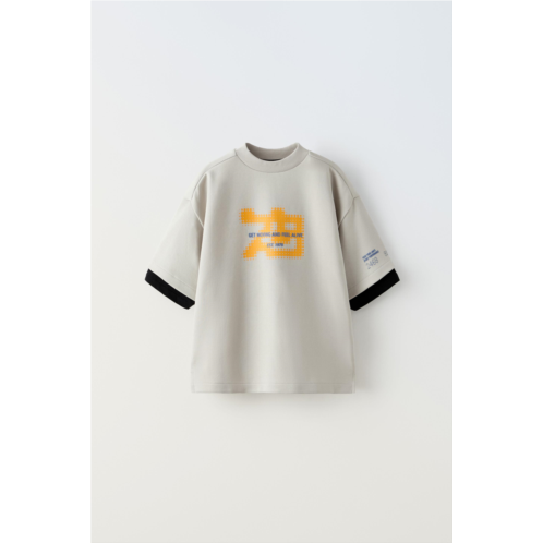 Zara DOUBLE SLEEVE T-SHIRT WITH RAISED TEXT