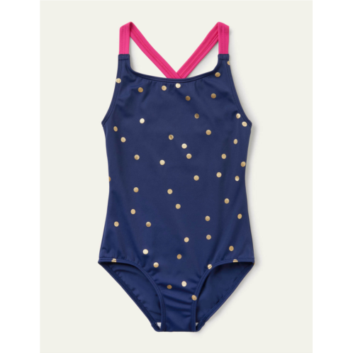 Boden Cross-back Printed Swimsuit - Harmony Blue Gold Spot