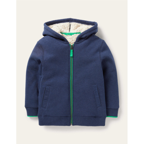 Boden Navy Borg Lined Zip-up Hoodie - Blue Marl