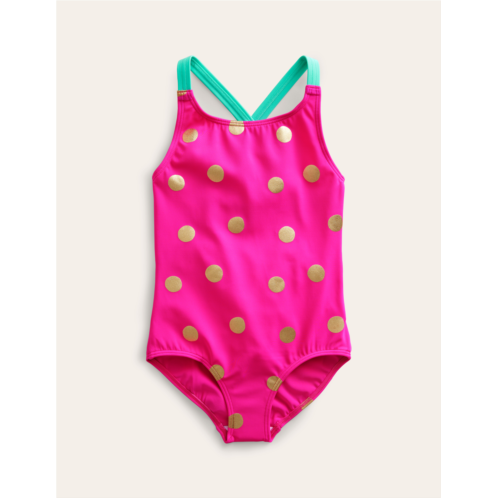 Boden Cross-back Printed Swimsuit - Fuchsia Pink Foil Spot