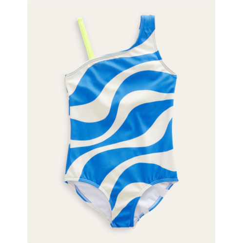 Boden One Shoulder Swimsuit - Ivory and Cabana Blue Wave