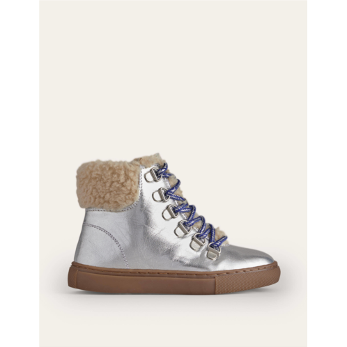 Boden Cosy Leather Lace Up Boots - Silver Metallic
