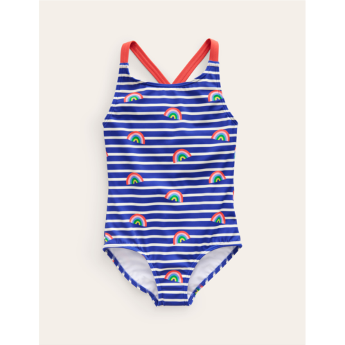 Boden Cross-back Printed Swimsuit - Sapphire Blue Breton Rainbows