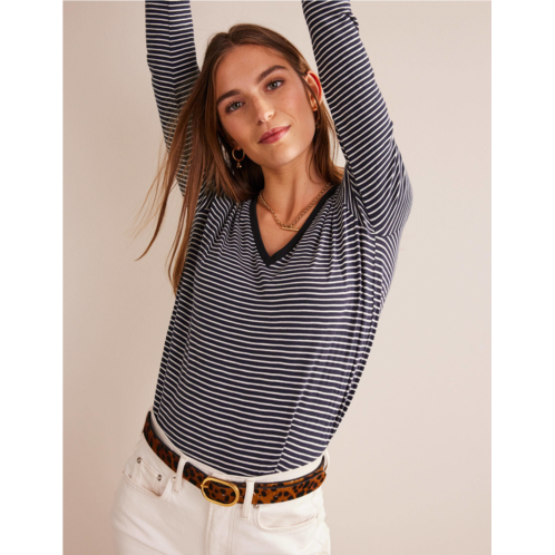 Boden Cotton V-Neck Long Sleeve Top - Navy, Ivory