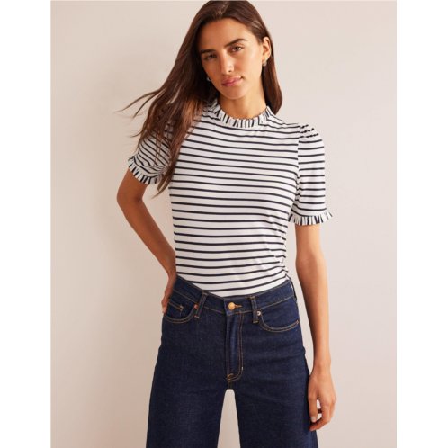 Boden Supersoft Frill Detail T-shirt - Ivory, Navy