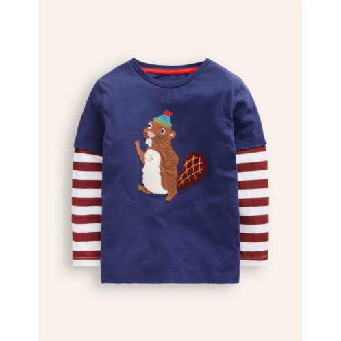 Boden Applique Mock Sleeve T-Shirt - Starboard Blue Beaver