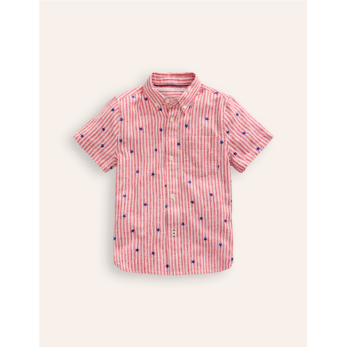 Boden Cotton Linen Shirt - Red Stripe Star Embroidery