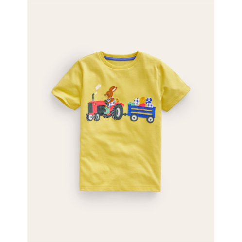 Boden Easter Applique T-shirt - Zest Yellow Tractor