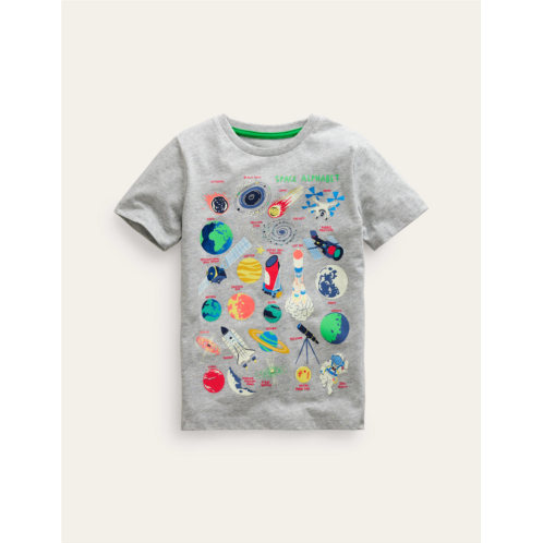 Boden Glow Space Educational T-shirt - Grey Marl Space Alphabet