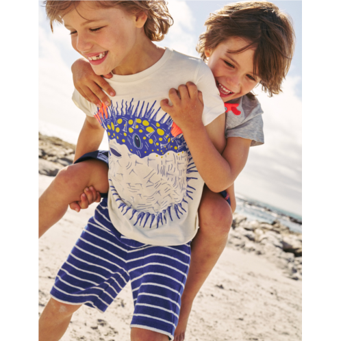 Boden Towelling Sweat Shorts - Sapphire Blue/Ivory Stripe