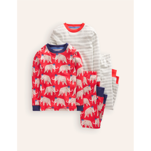 Boden Snug Twin Pack Pyjamas - Red Mammoth and Grey Stripe