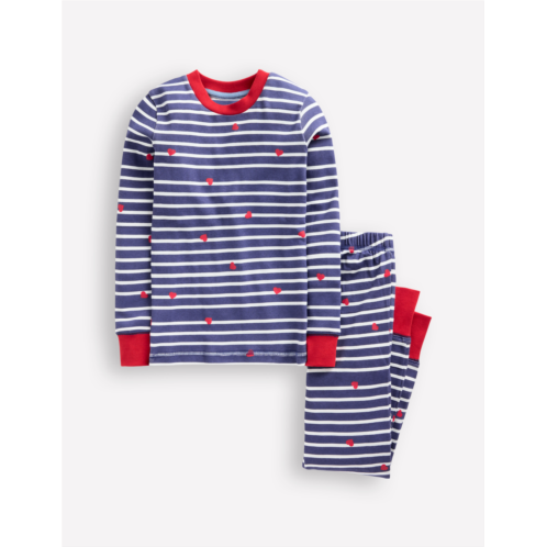 Boden Snug Long John Pajamas - Navy Breton with Tiny Hearts