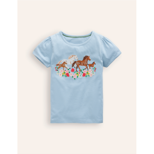 Boden Puff Sleeve Superstitch Top - Blue Horses