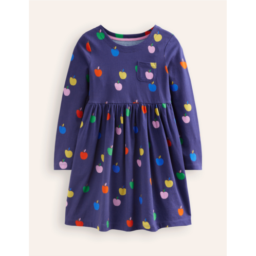 Boden Long-Sleeved Fun Jersey Dress - College Navy Rainbow Apples