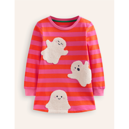 Boden Ida Sweatshirt Applique Dress - Vibrant Pink/Terracotta Ghosts