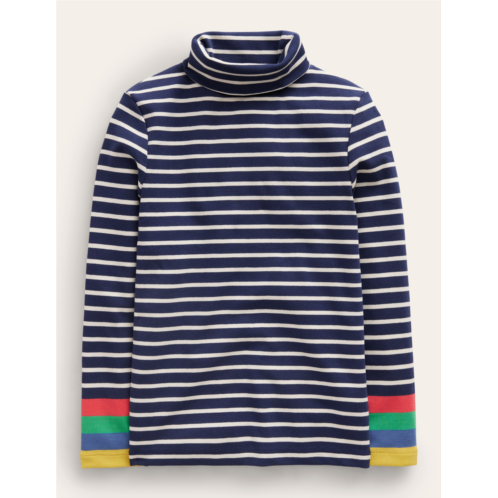 Boden Super Soft Roll Neck Top - Navy/Ivory Multi Cuff