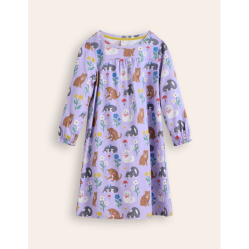 Boden Printed Long-sleeved Nightie - Misty Lavender Cats