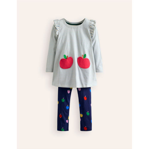 Boden Frill Tunic Leggings Set - College Navy/ Ivory Apples