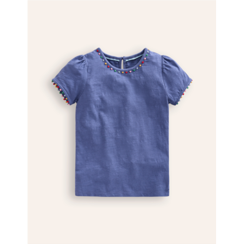 Boden Ali Puff Sleeve Pom T-Shirt - Soft Starboard Blue