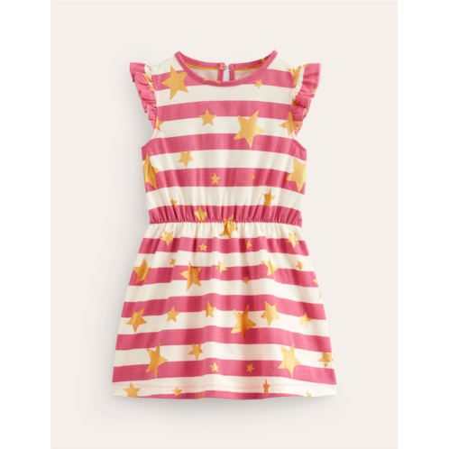 Boden Frill Sleeve Jersey Dress - Rose Pink Gold Star Stripe