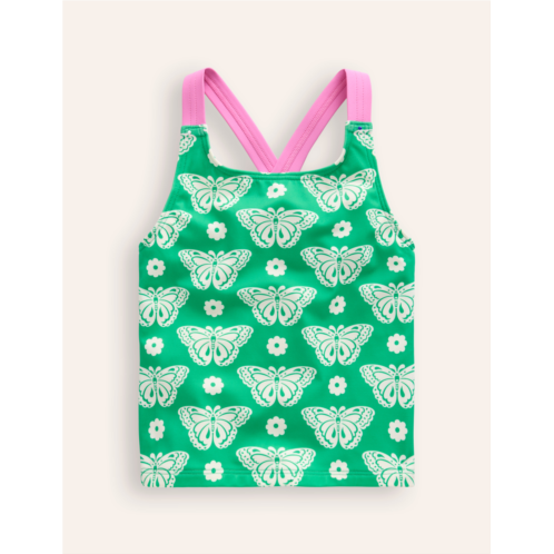 Boden Cross Back Tankini Top - Pea Green Butterfly Stamp