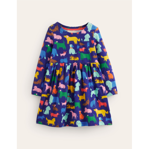 Boden Long Sleeve Fun Jersey Dress - Starboard Playful Pups