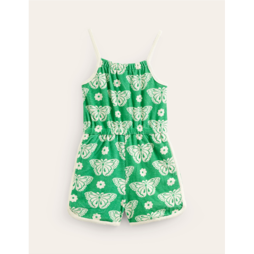 Boden Strappy Towelling Romper - Pea Green Butterfly Stamp