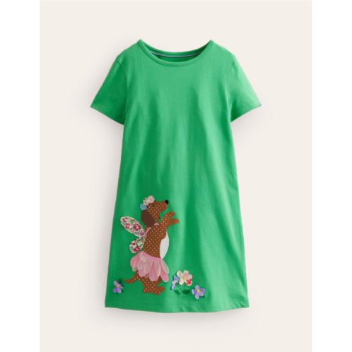 Boden Big Applique Jersey Dress - Pea Green/ Vanilla Pod Dog