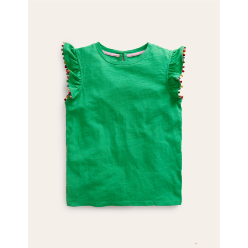 Boden Pom Trim T-Shirt - Pea Green