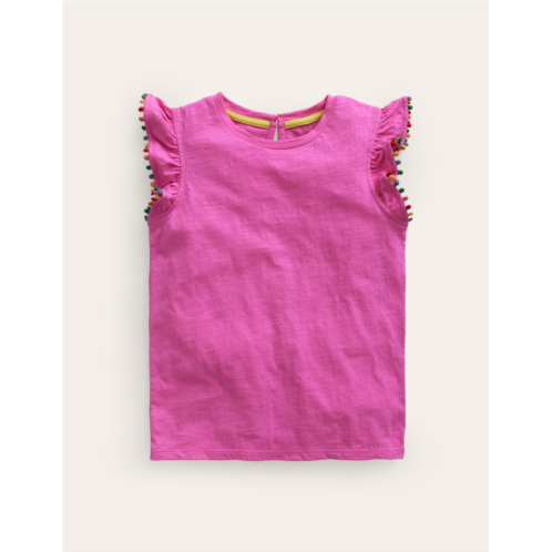 Boden Pom Trim T-Shirt - Strawberry Pink