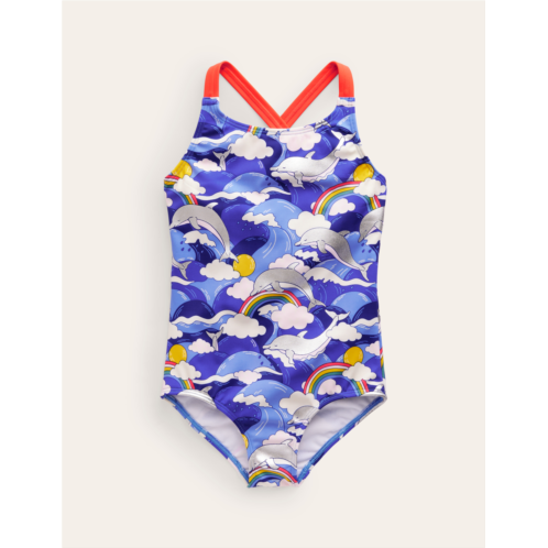 Boden Cross-back Printed Swimsuit - Ultramarine Foil Dolphin