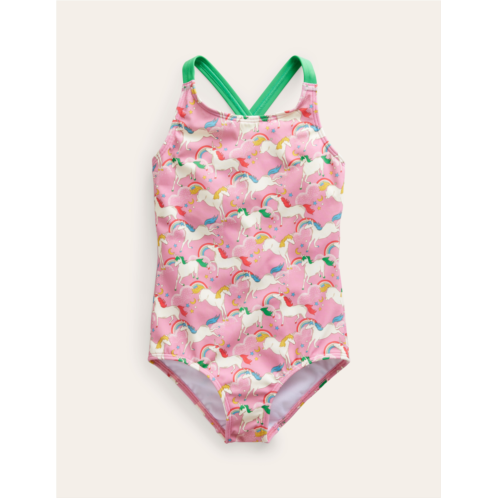 Boden Cross-back Printed Swimsuit - Formica Pink Unicorns