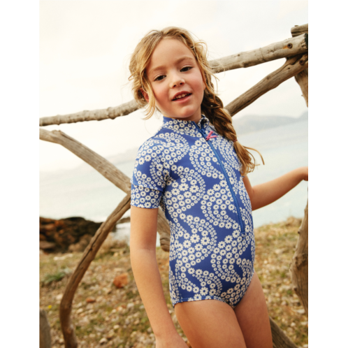 Boden Short-sleeved Swimsuit - Dazzling Blue Daisy Wave