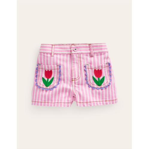 Boden Patch Pocket Shorts - Pink / Ivory Stripe Tulip