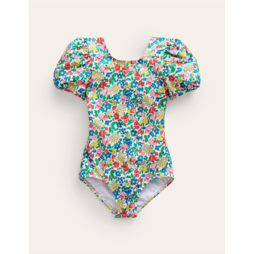 Boden Printed Puff-sleeved Swimsuit - Multi Flowerbed