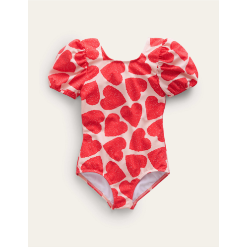 Boden Printed Puff-sleeved Swimsuit - Ballet Pink Hearts