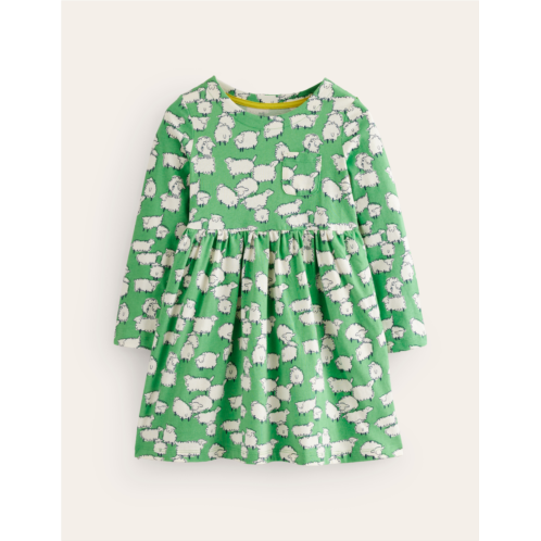 Boden Long Sleeve Fun Jersey Dress - Aloe Green Sheep